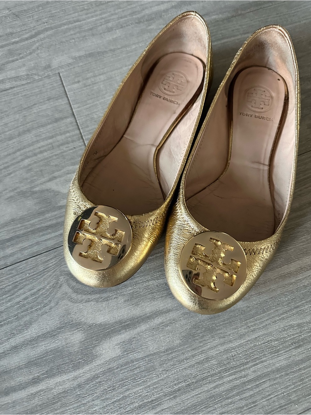 Tory Burch Gold Leather Logo Ballet Flats